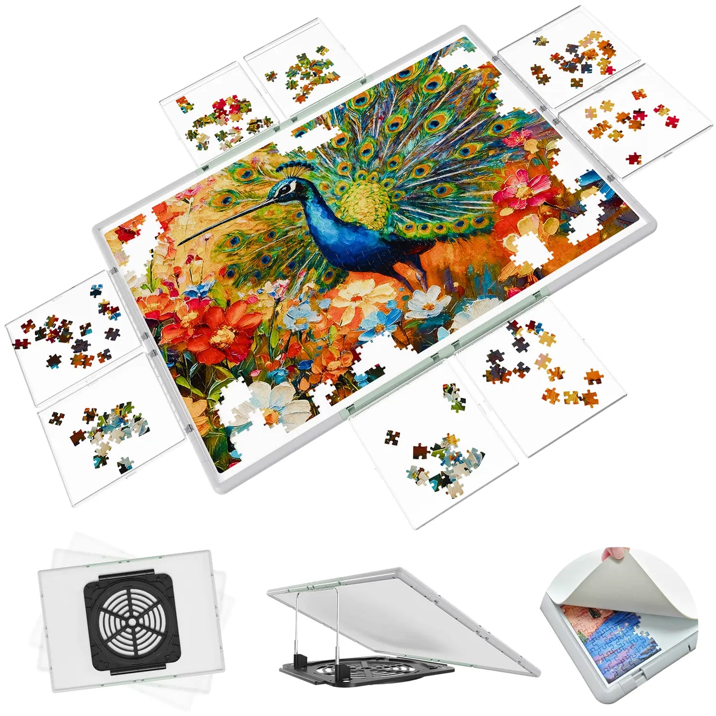 Bjpuzt 3-in-1 2000 piece puzzle board in gray and green, shown with eight sorting boxes, 360-degree rotation, and an adjustable tilt stand.