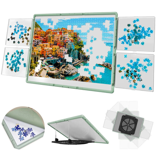 Bjpuzt 1000 piece revolving puzzle board in sage green, shown with four transparent sorting trays and an ergonomic adjustable tilt stand.
