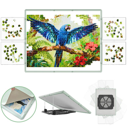 Bjpuzt 1500 piece revolving puzzle board in sage green, shown with its four transparent sorting trays, 360-degree rotation, and adjustable tilt stand.