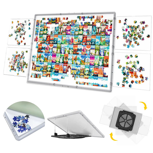 Bjpuzt 1000 piece revolving puzzle board in grey, shown with its four transparent sorting trays and an adjustable tilt stand for ergonomic use.