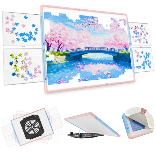 Bjpuzt 1500 piece revolving puzzle board in pink and blue, showing its four transparent sorting trays, 360-degree rotation, and adjustable tilt stand.