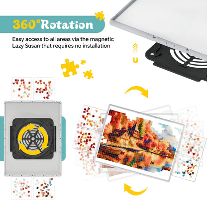Illustration of the 360-degree rotating design of the puzzle board, highlighting the installation-free magnetic lazy susan base for smooth spinning.