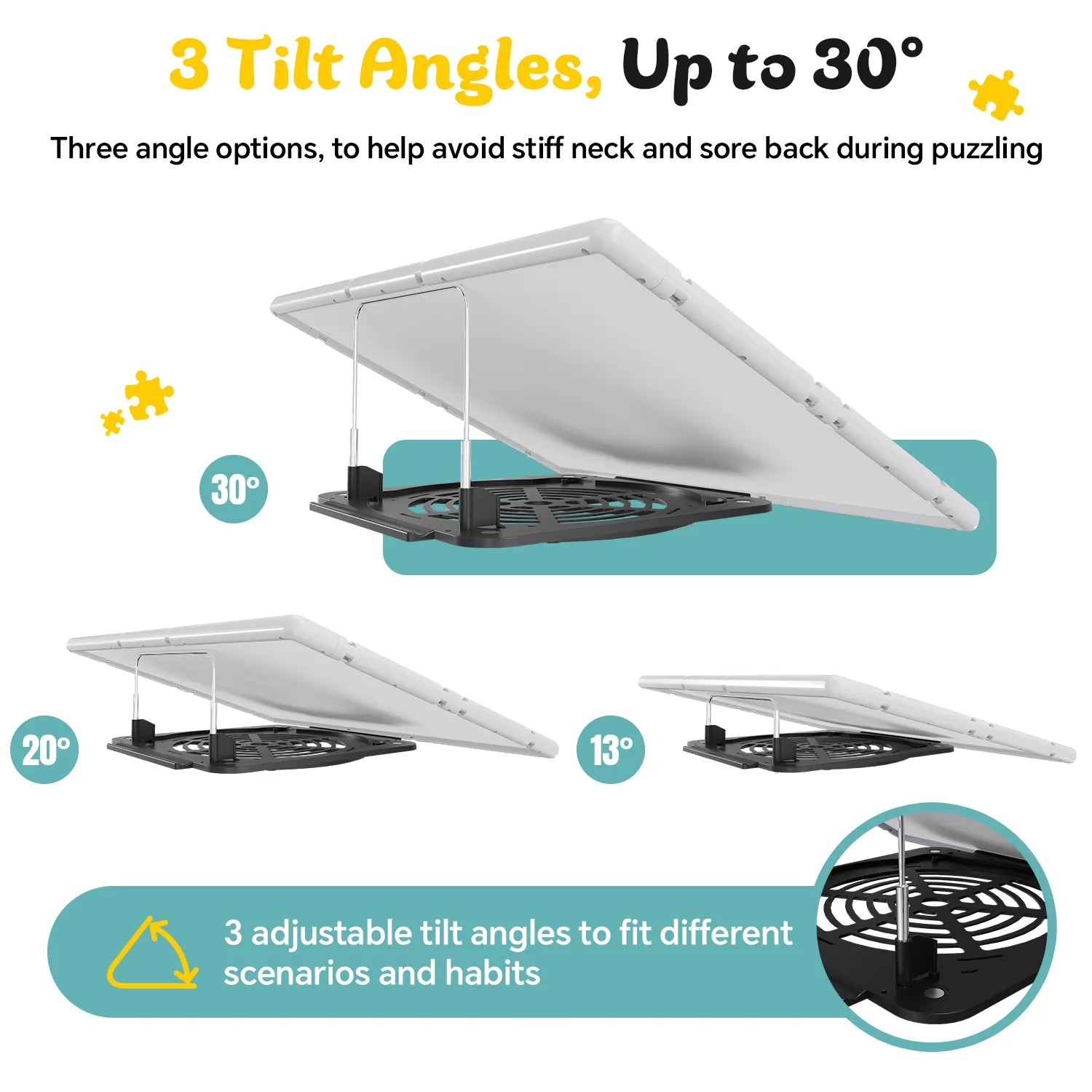 The gray puzzle board demonstrating its 3-level adjustable tilt feature at 13, 20, and 30 degrees for ergonomic comfort while puzzling.
