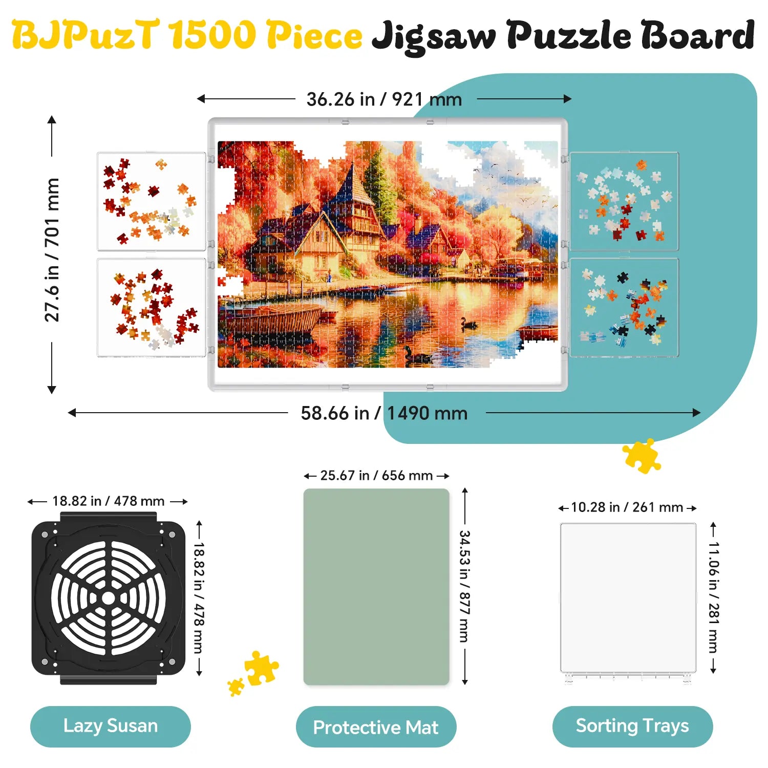 Diagram showing the dimensions of the gray 1500 piece puzzle board, the revolving lazy susan base, sorting trays, and protective mat.