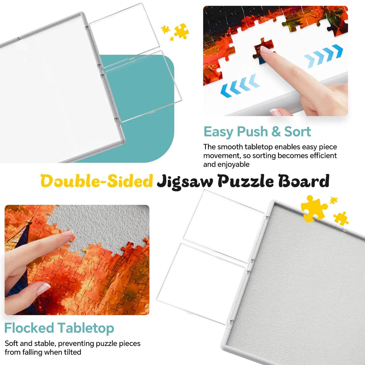 A comparison of the double-sided puzzle board surface: a non-slip flocked tabletop to grip pieces and a smooth tabletop for easy piece movement.