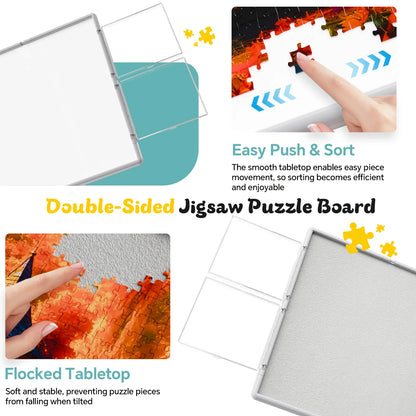 A comparison of the double-sided puzzle board surface: a non-slip flocked tabletop to grip pieces and a smooth tabletop for easy piece movement.