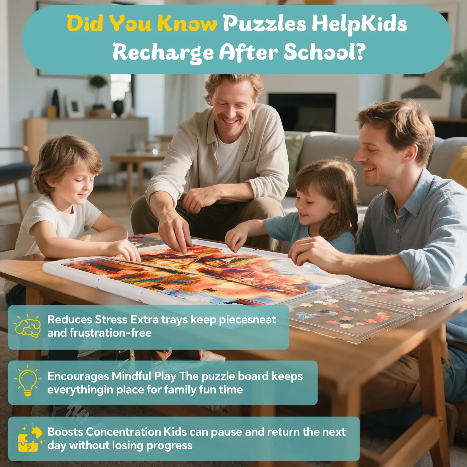 A happy family using the gray 1500 piece puzzle board, showing how it reduces stress and encourages mindful play for kids after school.