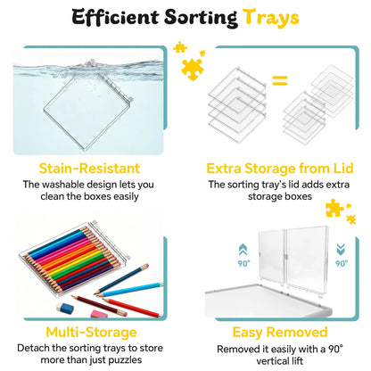 Close-up of the four efficient, washable, and transparent sorting trays, showing how the lids can be used as extra storage and the trays easily removed.