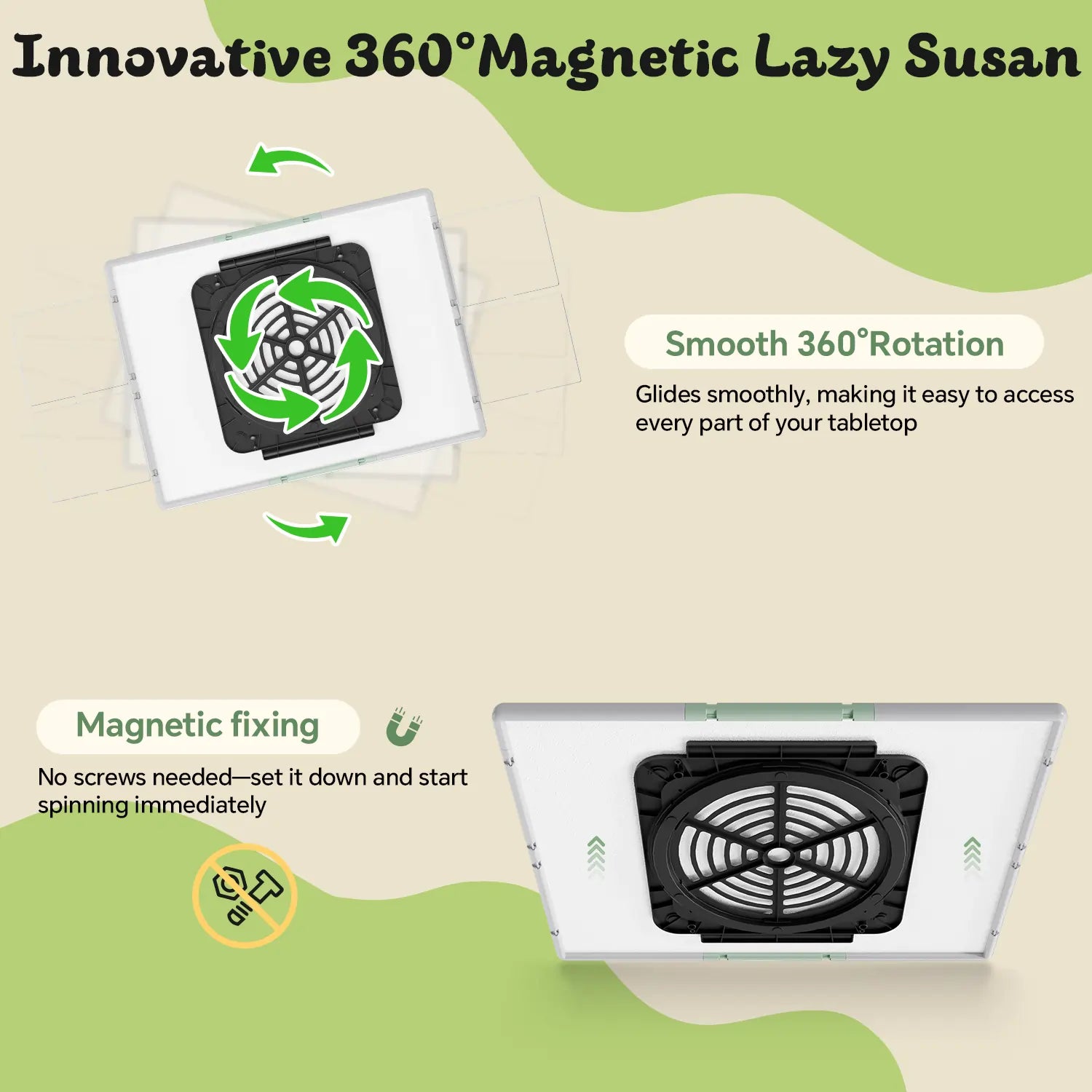 Illustration of the 360-degree rotating design, highlighting the innovative magnetic lazy susan base that allows for smooth, installation-free spinning.