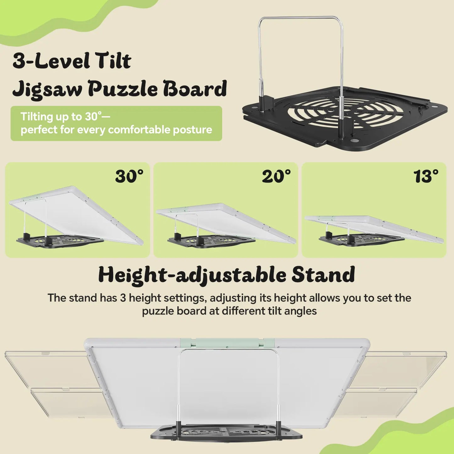 The gray and green puzzle board demonstrating its 3-level adjustable tilt feature at 13, 20, and 30 degrees for ergonomic comfort while puzzling.