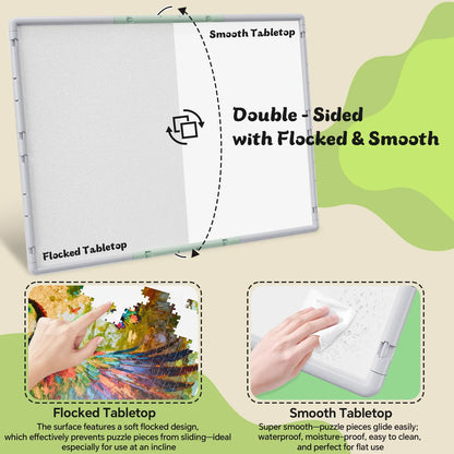 A comparison of the double-sided puzzle board surface: a non-slip flocked tabletop to grip pieces and a smooth, easy-to-clean waterproof side.