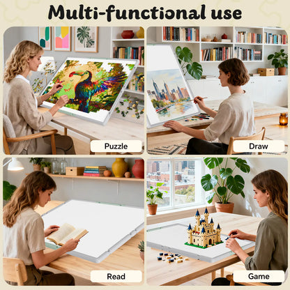 Four examples of the puzzle board's multi-functional use: for jigsaw puzzles, drawing, reading with the tilt stand, and playing games.