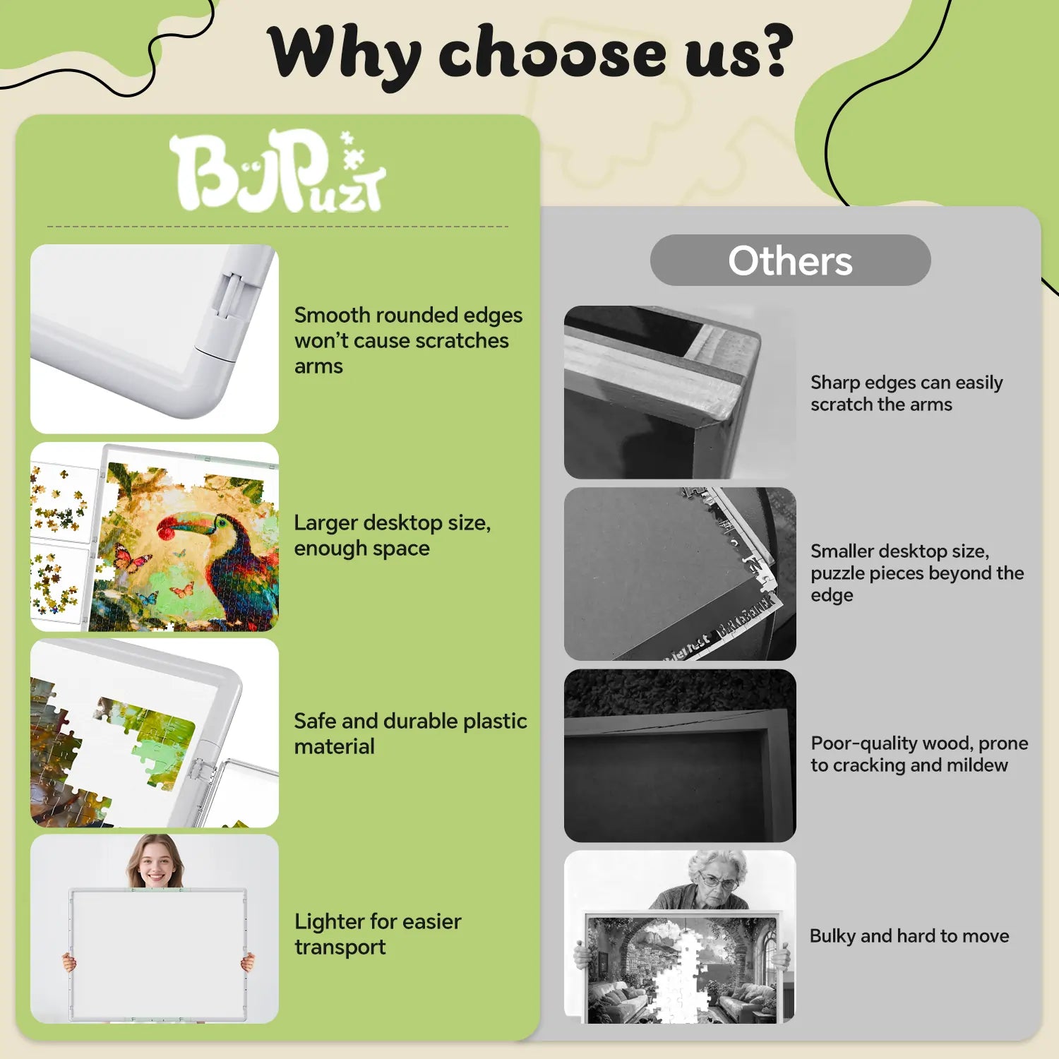 A comparison chart highlighting the benefits of our puzzle board, such as durable, safe plastic materials and smooth edges, versus other brands.