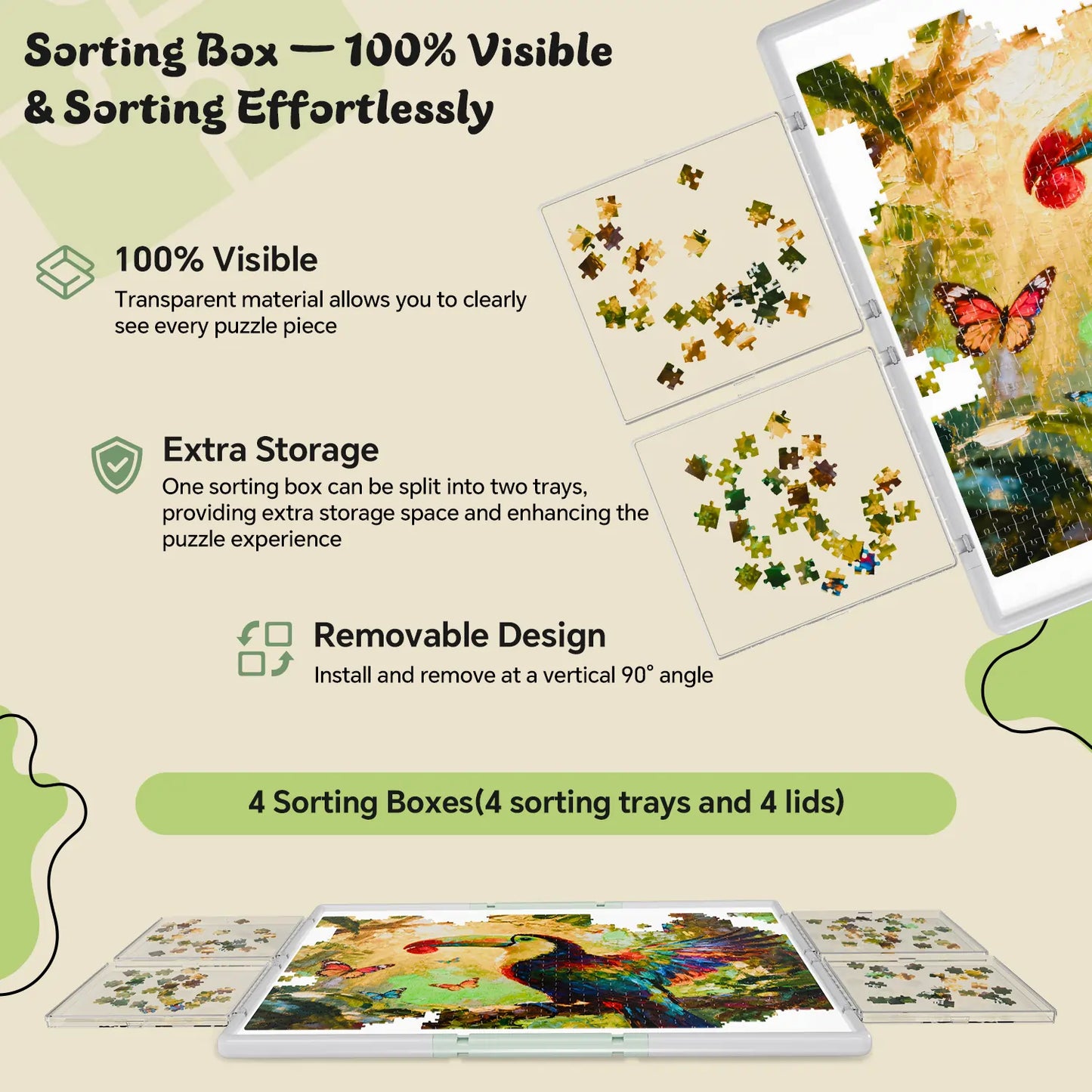 Close-up of the four transparent sorting boxes, showing how they are 100% visible, easily removable, and have lids that provide extra storage.