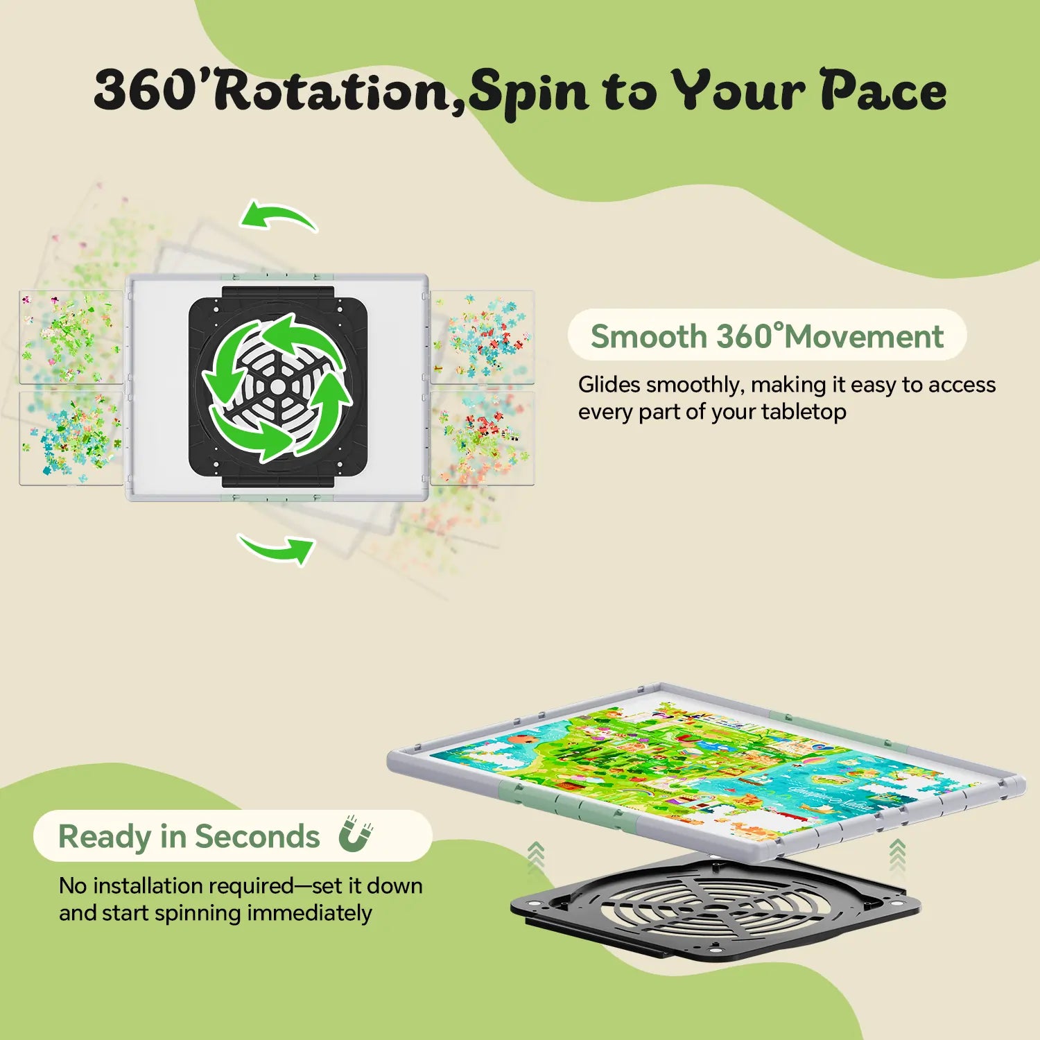 Illustration of the 360-degree rotating design of the puzzle board, highlighting the installation-free magnetic lazy susan base for smooth spinning.