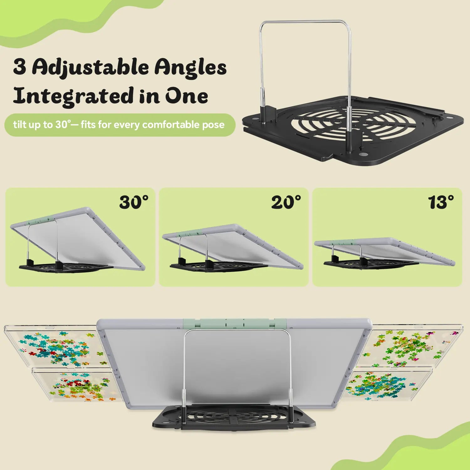The gray and green puzzle board demonstrating its 3-level adjustable tilt feature at 13, 20, and 30 degrees for ergonomic comfort while puzzling.