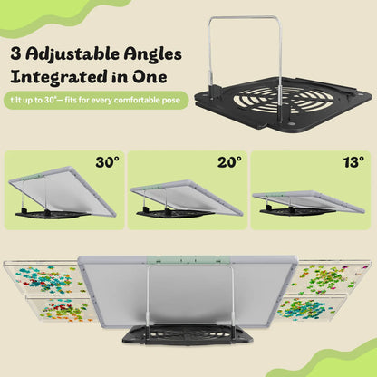 The gray and green puzzle board demonstrating its 3-level adjustable tilt feature at 13, 20, and 30 degrees for ergonomic comfort while puzzling.