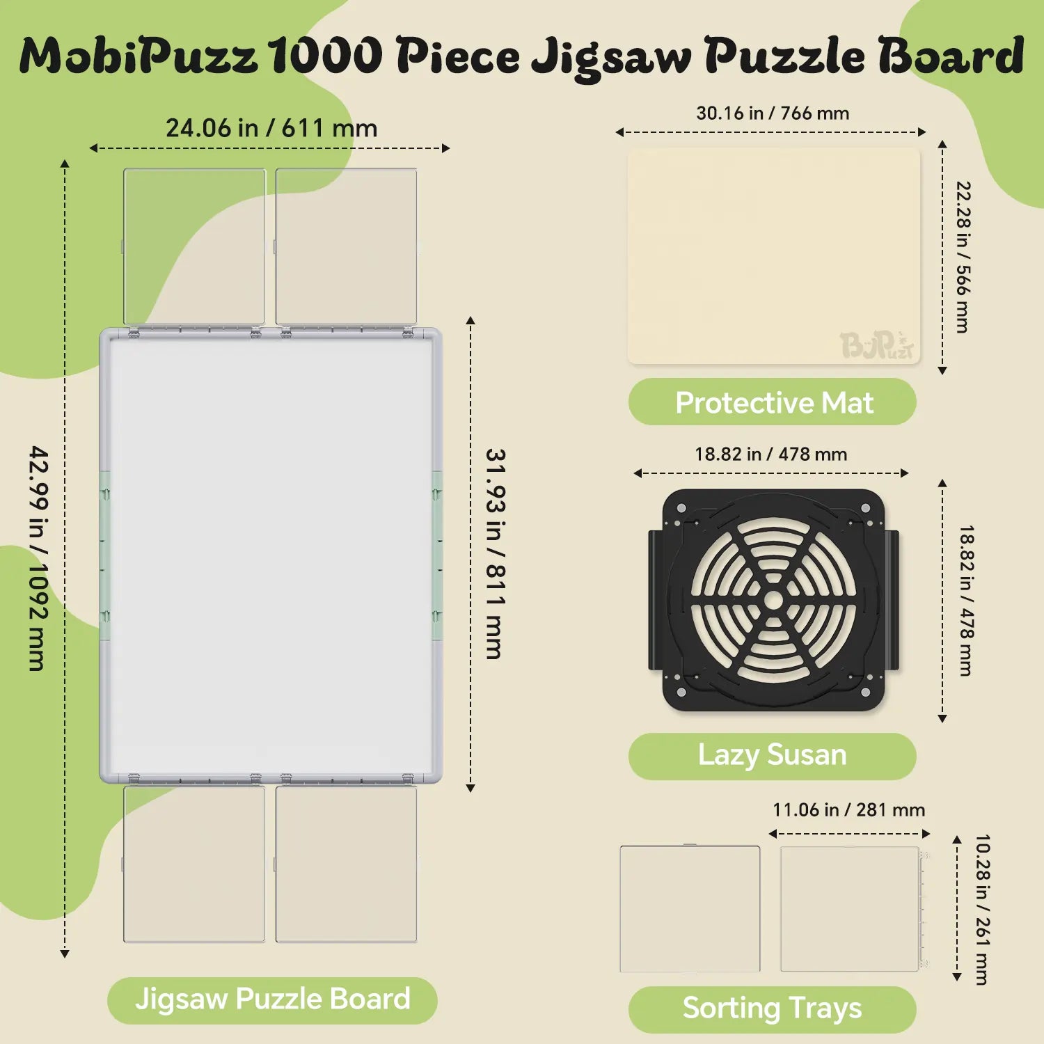Diagram showing the dimensions of the gray and green 1000 piece puzzle board, the revolving lazy susan base, sorting trays, and protective mat.