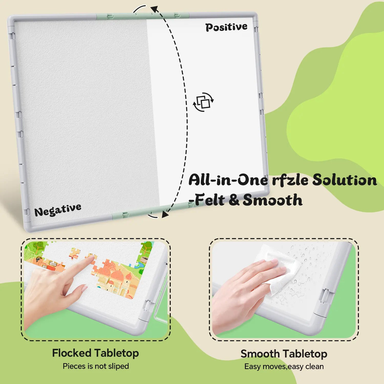 A comparison of the double-sided puzzle board surface: a non-slip flocked tabletop to grip pieces and a smooth, easy-to-clean side.