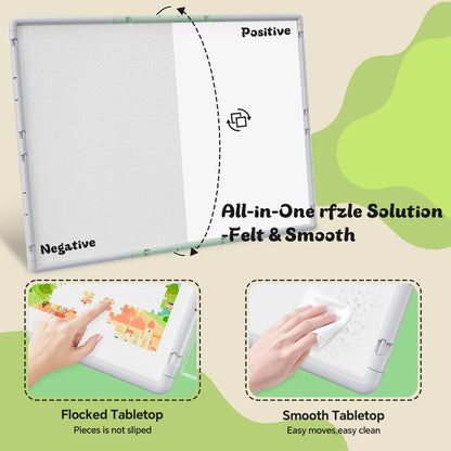 A comparison of the double-sided puzzle board surface: a non-slip flocked tabletop to grip pieces and a smooth, easy-to-clean side.