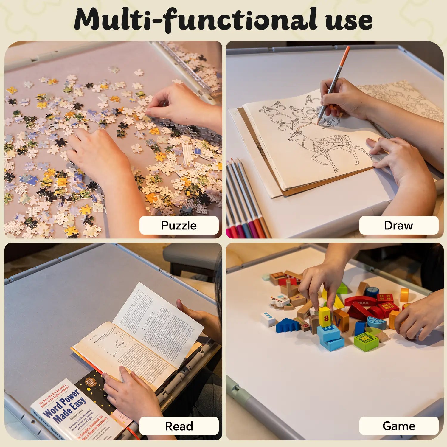 Four examples of the puzzle board's multi-functional use: for jigsaw puzzles, drawing, reading with the tilt stand, and playing games.