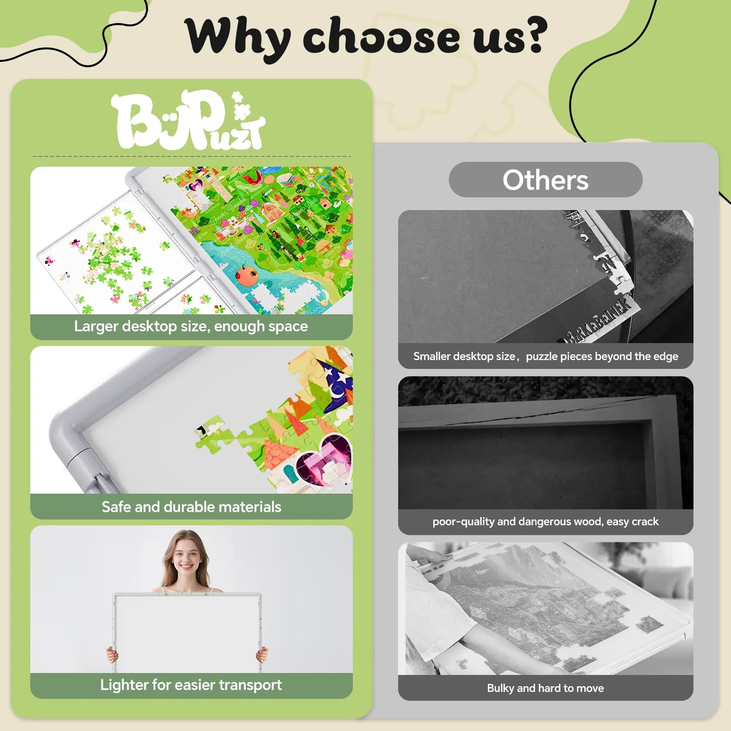 A comparison chart highlighting the benefits of our puzzle board, such as durable, safe materials and a larger desktop, versus inferior brands.