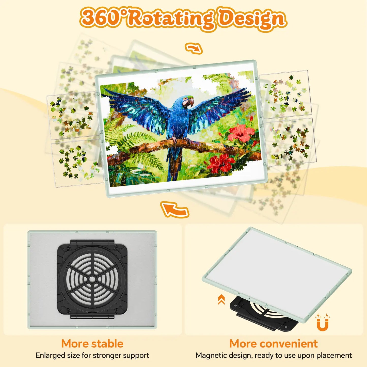 Illustration of the 360-degree rotating design of the puzzle board, highlighting the large and stable magnetic lazy susan base for easy spinning.