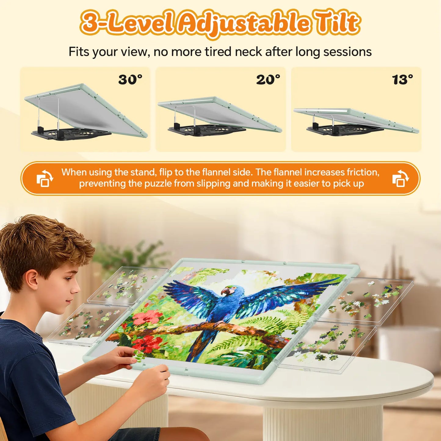 A boy using the green puzzle board with its 3-level adjustable tilt feature at 13, 20, and 30 degrees for ergonomic comfort while puzzling.