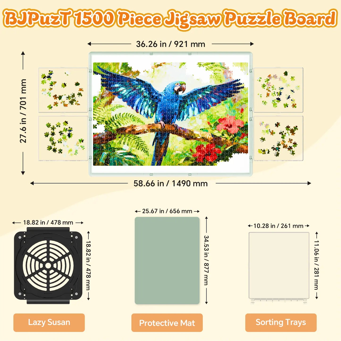 Diagram showing the dimensions of the green 1500 piece puzzle board, the revolving lazy susan base, sorting trays, and protective mat.