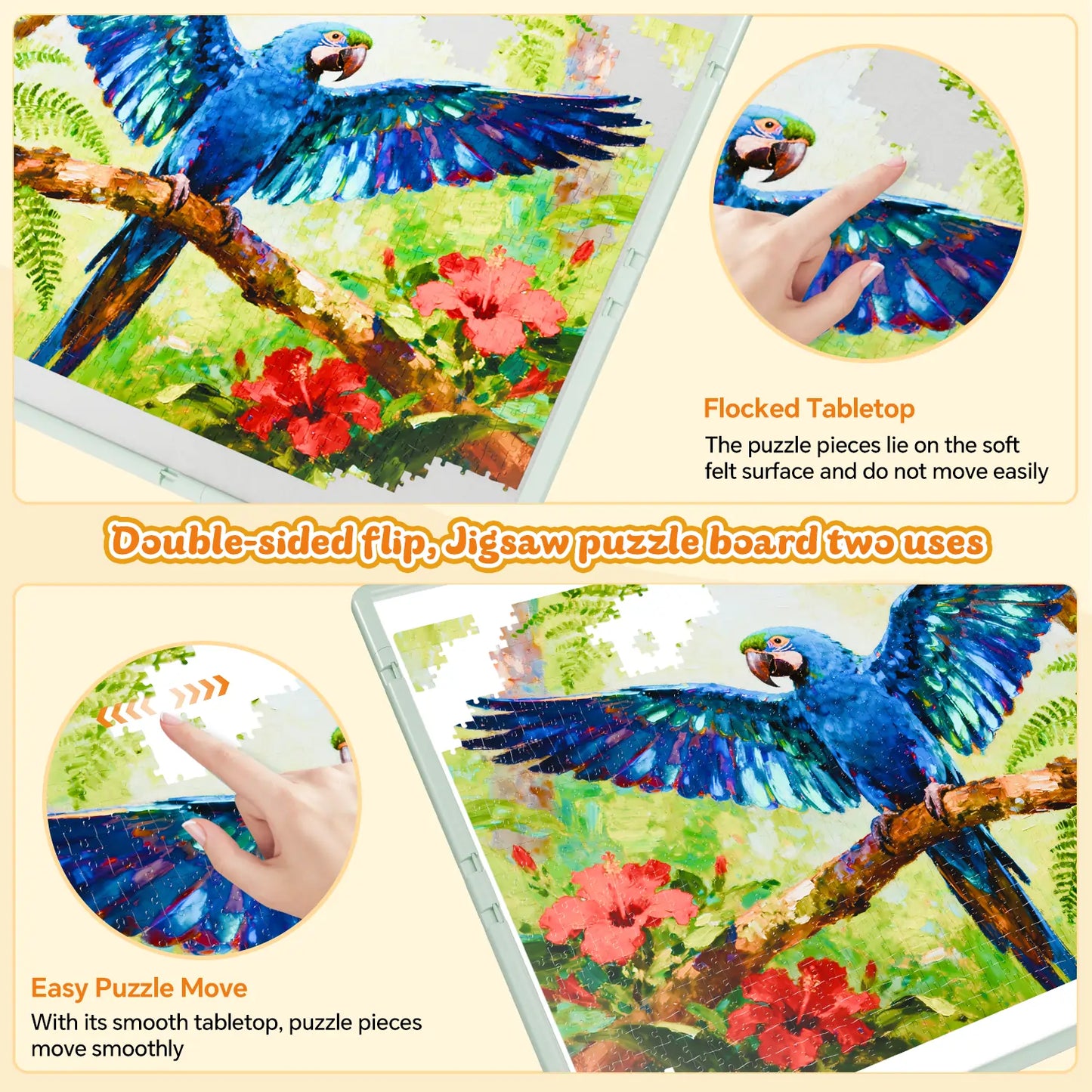 A comparison of the double-sided puzzle board surface: a soft green flocked tabletop to grip pieces and a smooth side for easy puzzle piece movement.