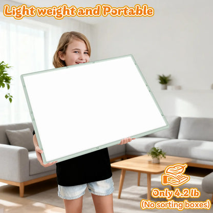 A smiling girl easily carrying the lightweight 4.2 lb puzzle board, demonstrating its portability for moving and storage.