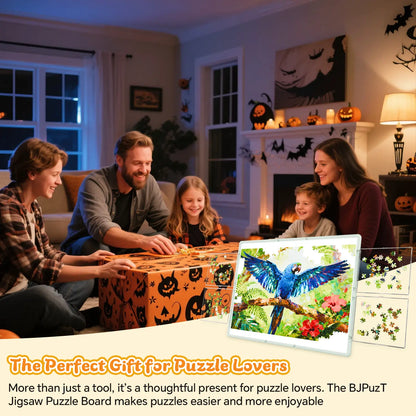 A happy family using the green 1500 piece puzzle board during Halloween, showing it as the perfect gift for puzzle lovers.