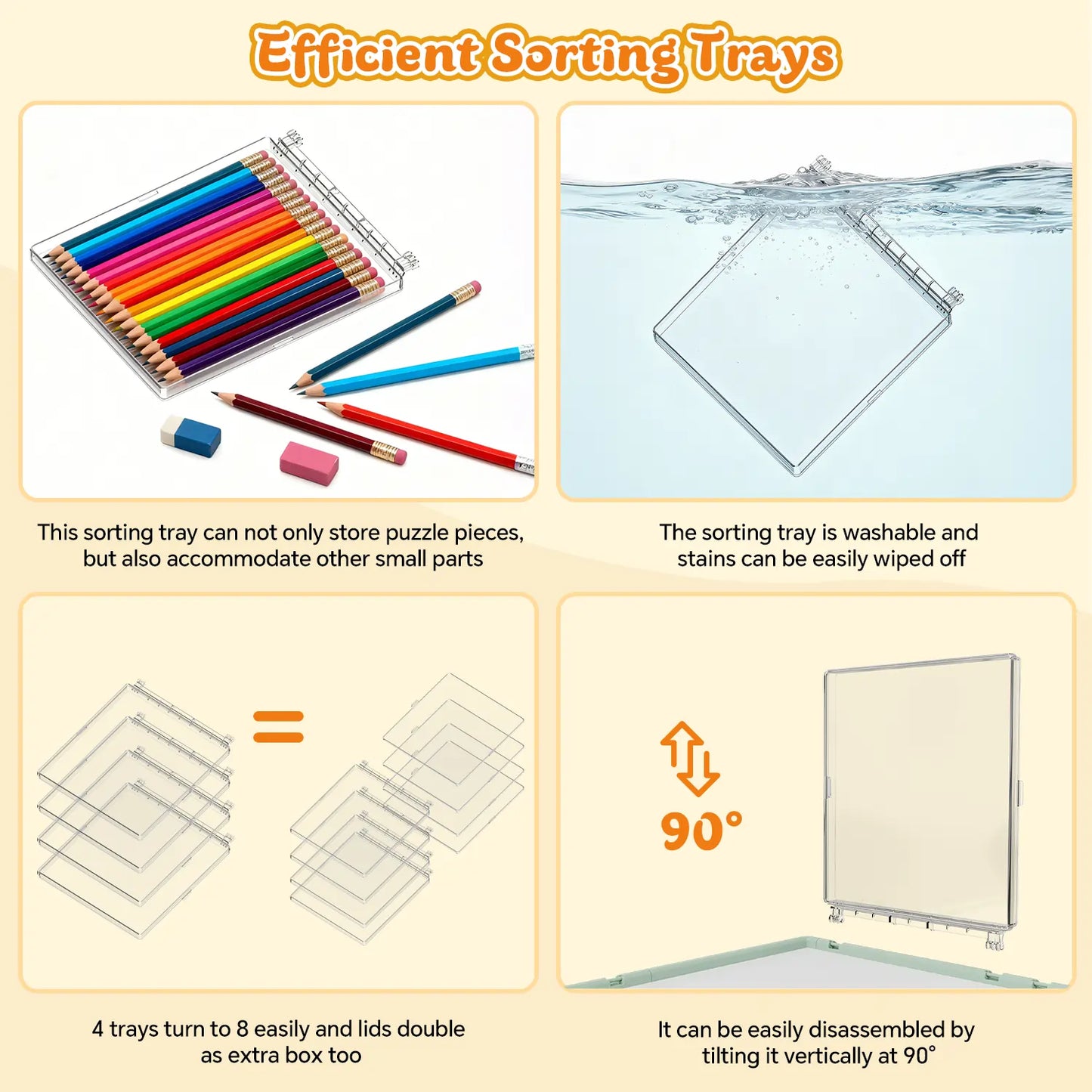 Close-up of the four efficient, washable, and transparent sorting trays, showing how the lids can be used as extra storage and the trays easily removed.