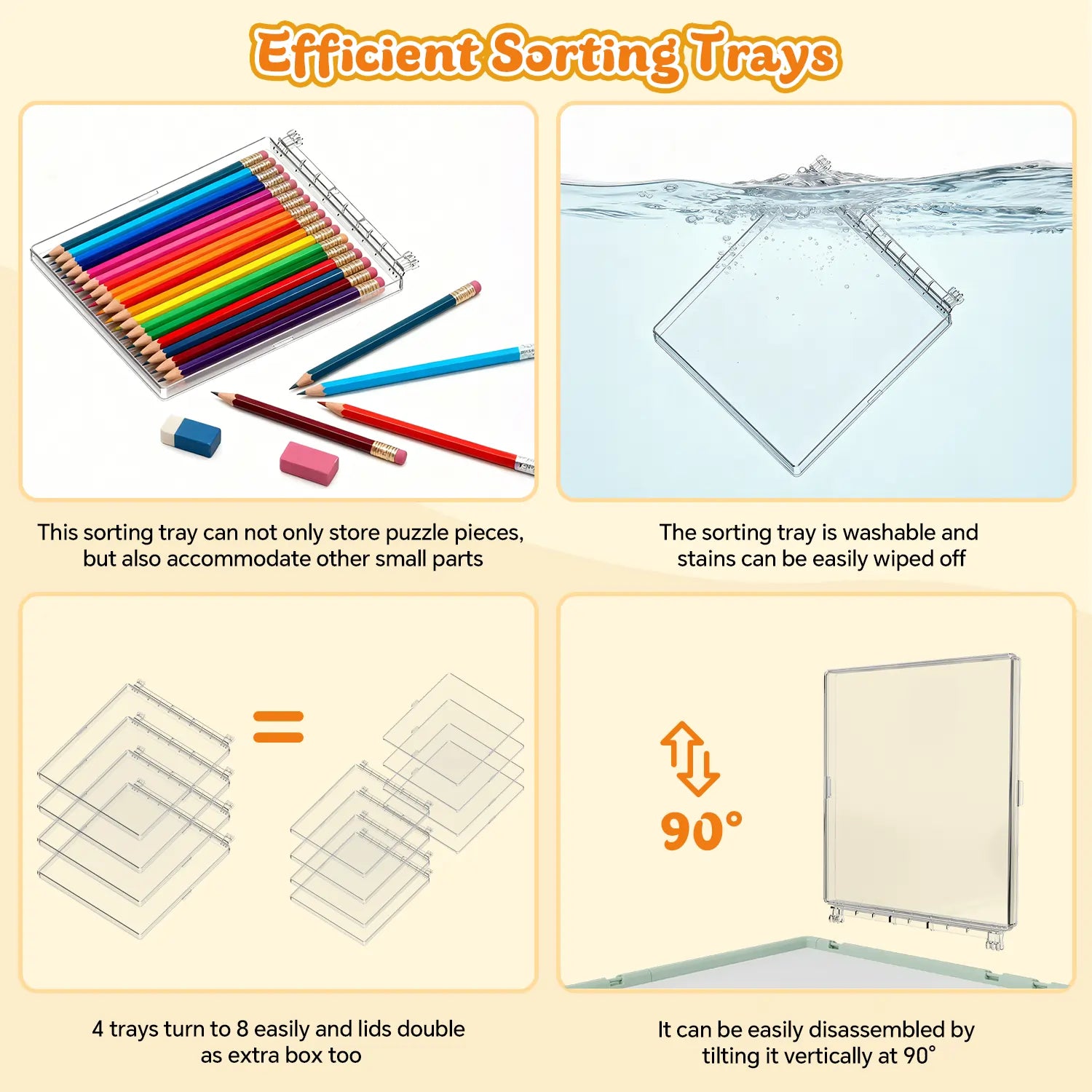 Close-up of the four efficient, washable, and transparent sorting trays, showing how the lids can be used as extra storage and the trays easily removed.