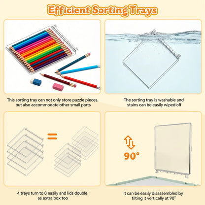 Close-up of the four efficient, washable, and transparent sorting trays, showing how the lids can be used as extra storage and the trays easily removed.