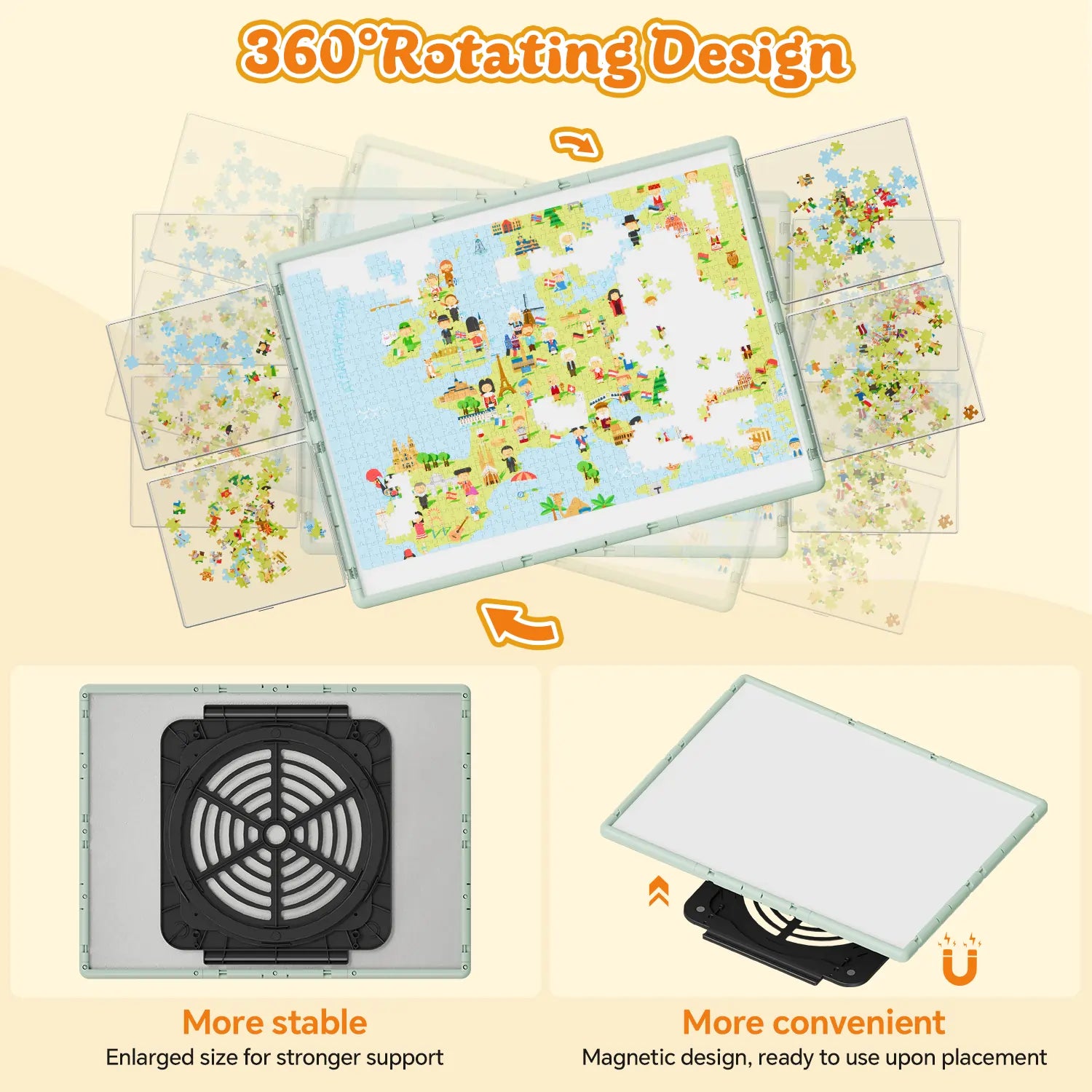 Illustration of the 360-degree rotating design of the puzzle board, with details of the stable magnetic lazy susan base for easy spinning.