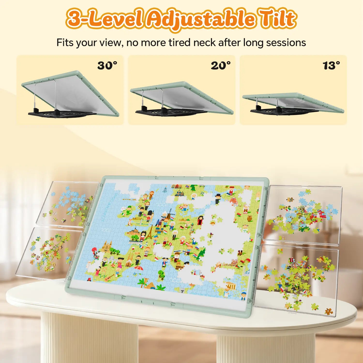 The green puzzle board demonstrating its 3-level adjustable tilt feature at 13, 20, and 30 degrees for ergonomic comfort while puzzling.