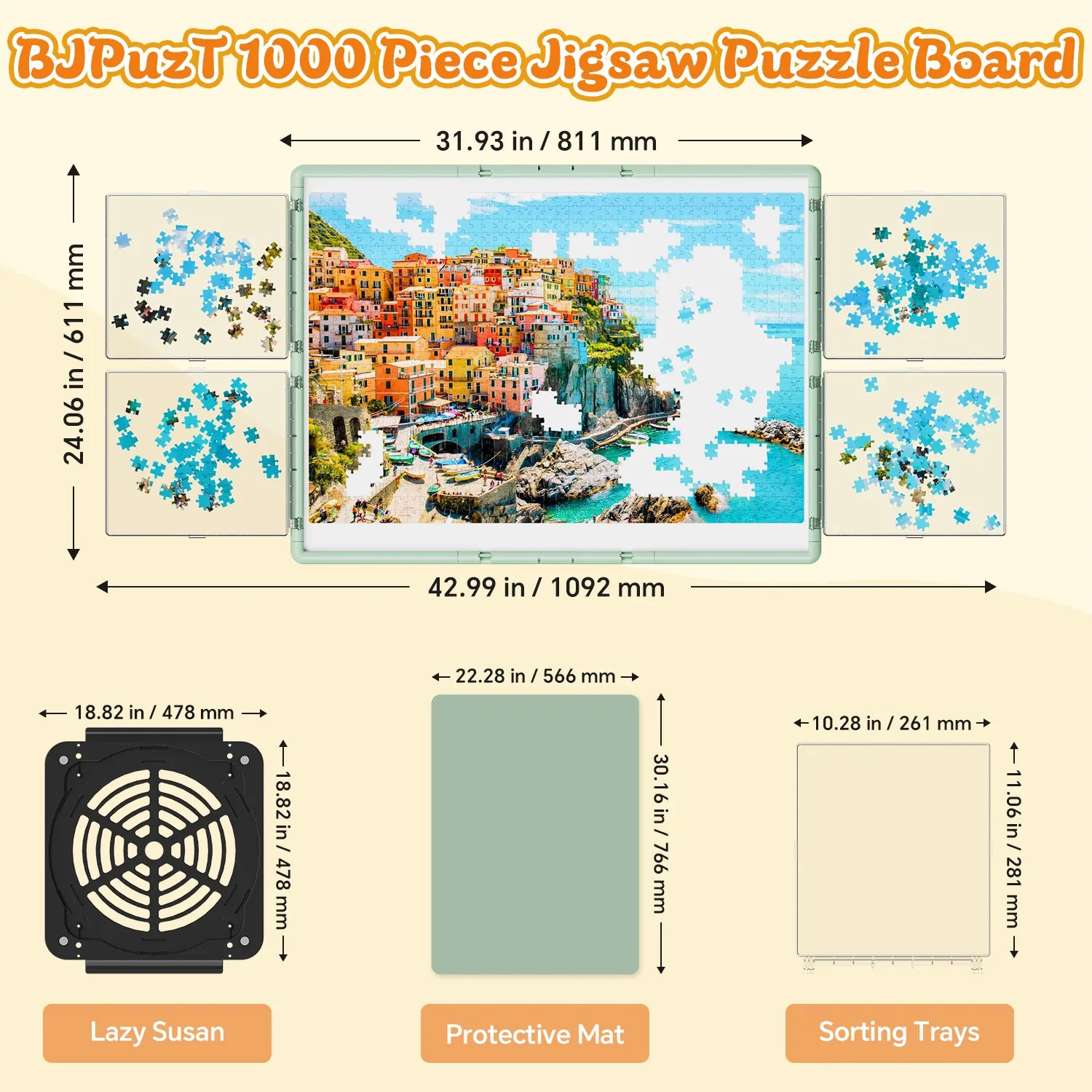 Diagram showing the dimensions of the green 1000 piece puzzle board, the revolving lazy susan base, and the included sorting trays.