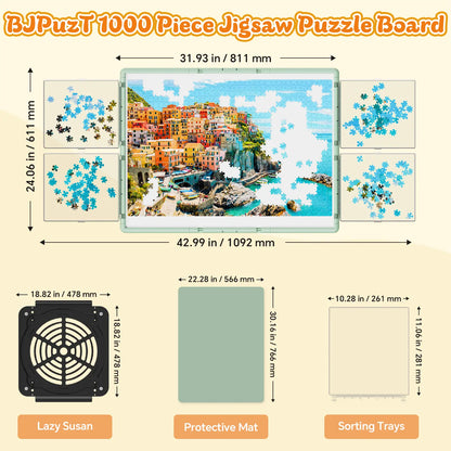 Diagram showing the dimensions of the green 1000 piece puzzle board, the revolving lazy susan base, and the included sorting trays.