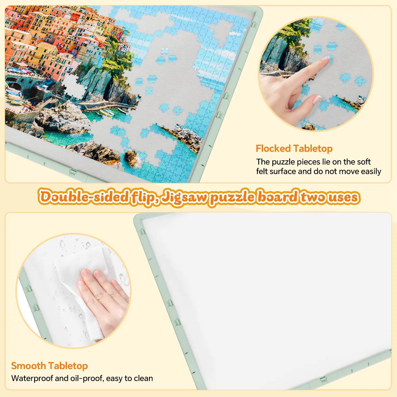 A comparison of the double-sided puzzle board surface: a soft flocked tabletop to grip pieces and a smooth, easy-to-clean waterproof side.