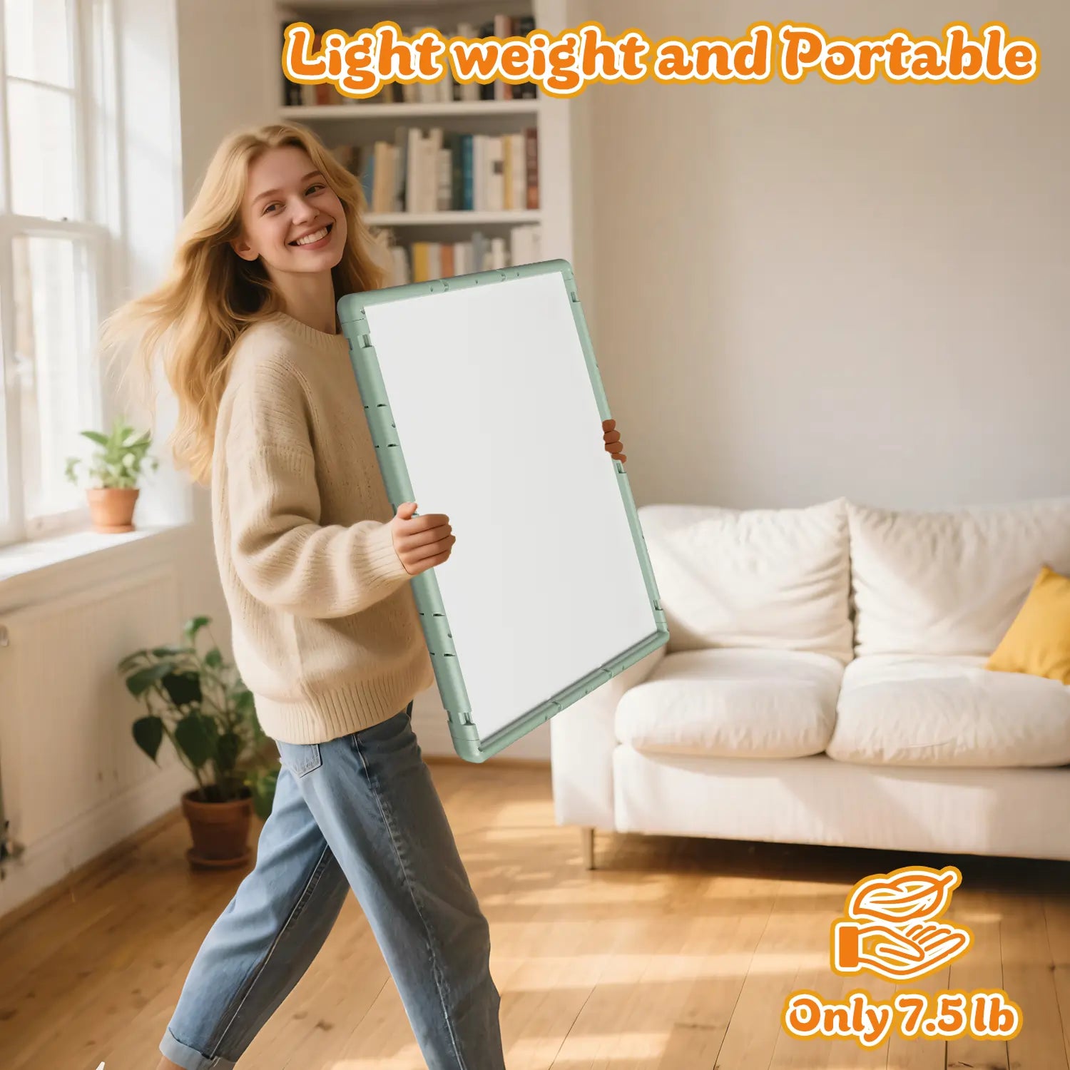 A smiling woman easily carrying the lightweight and portable green puzzle board, which weighs only 7.5 lbs, through her living room.