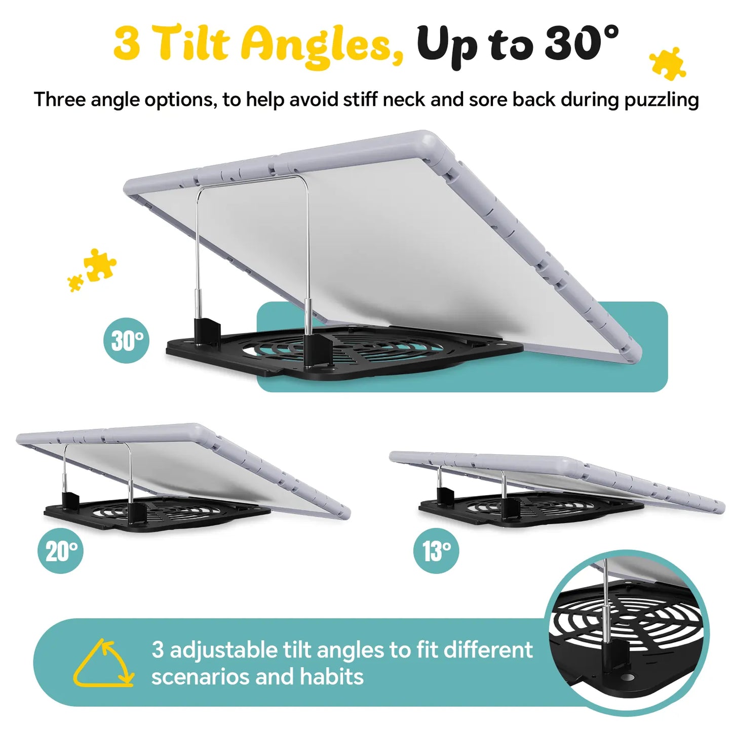 The grey puzzle board demonstrating its 3-level adjustable tilt feature at 13, 20, and 30 degrees to prevent neck and back pain.