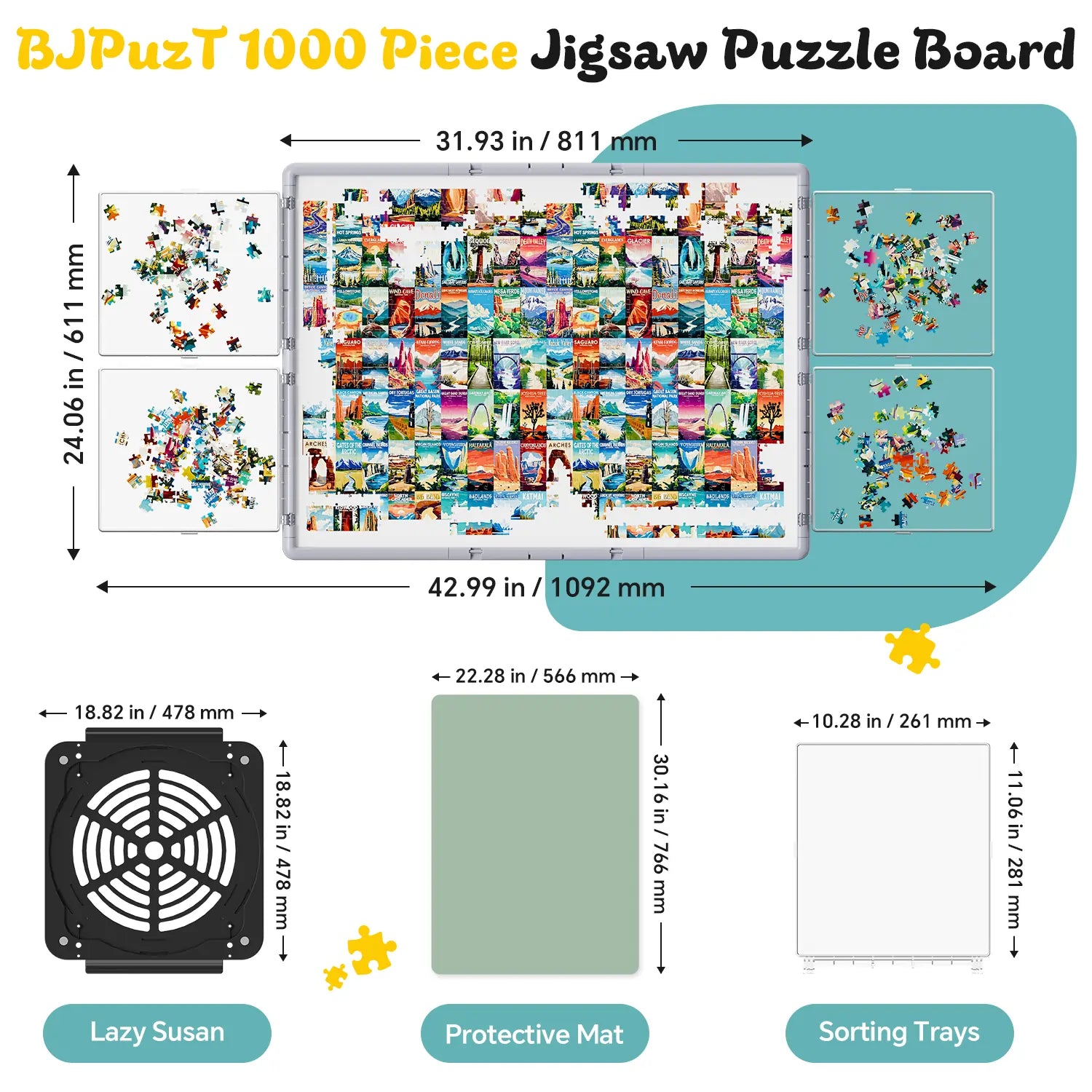 Diagram showing the dimensions of the grey 1000 piece puzzle board, the revolving lazy susan base, and the included sorting trays and protective mat.