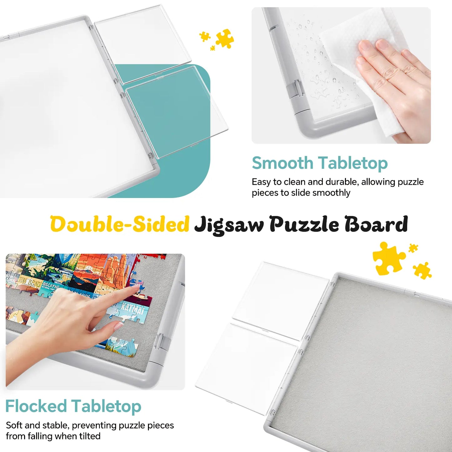 A comparison of the double-sided puzzle board surface: a soft grey flocked tabletop to grip pieces and a smooth, easy-to-clean side.