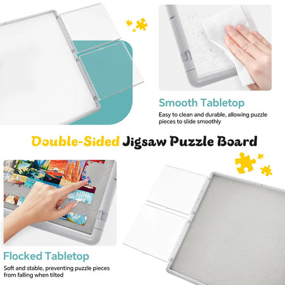 A comparison of the double-sided puzzle board surface: a soft grey flocked tabletop to grip pieces and a smooth, easy-to-clean side.