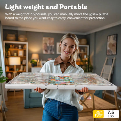 A smiling woman easily carrying the lightweight and portable grey puzzle board, which weighs only 7.5 lbs, through her living room.