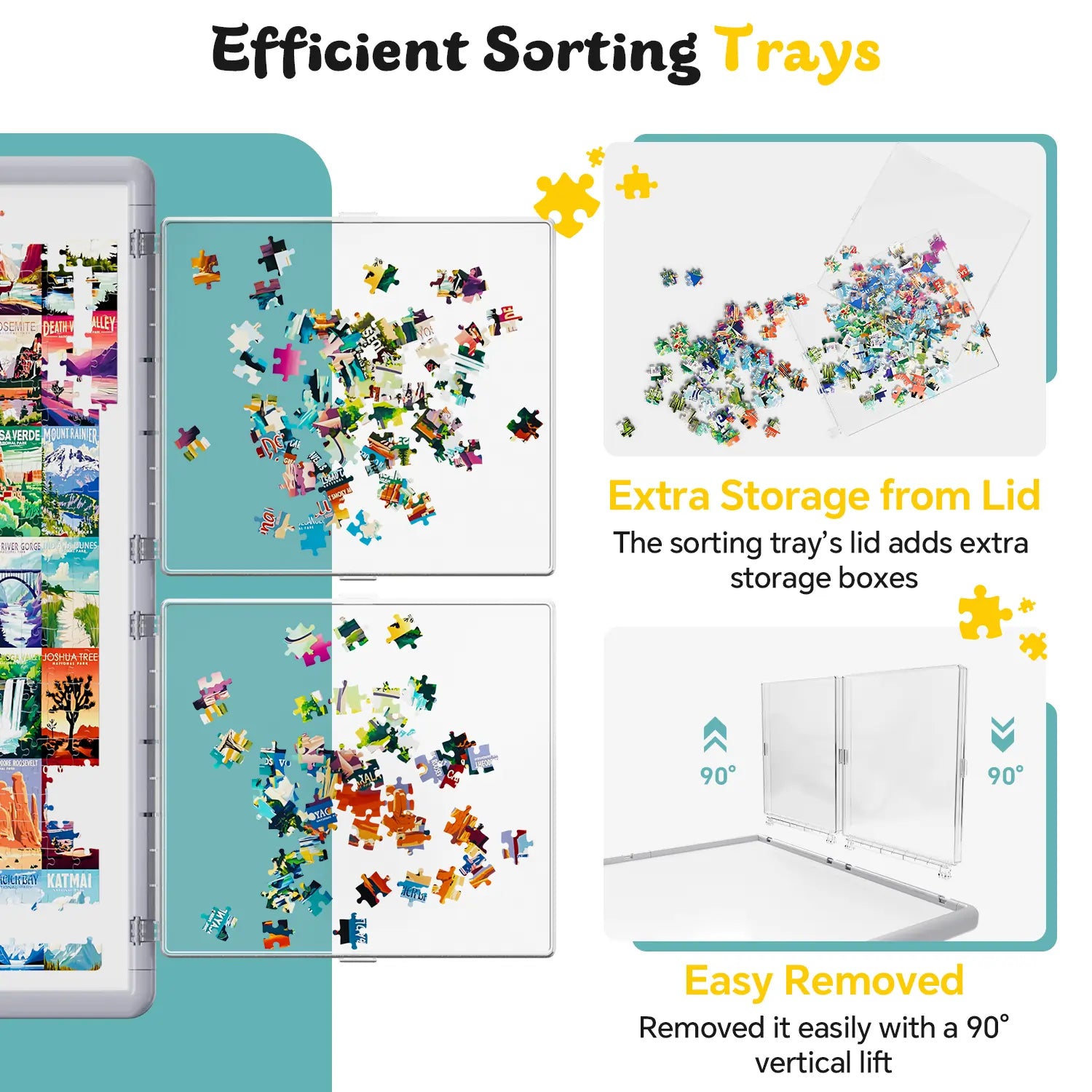 Close-up of the four efficient and transparent sorting trays, showing how the lids can be used as extra storage and the trays easily removed.