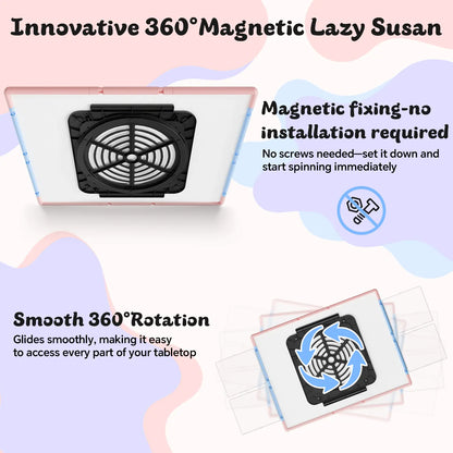 Illustration of the 360-degree rotating design, highlighting the innovative magnetic lazy susan base that allows for smooth, installation-free spinning.