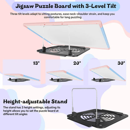 The pink and blue puzzle board demonstrating its 3-level adjustable tilt feature at 13, 20, and 30 degrees for ergonomic comfort while puzzling.