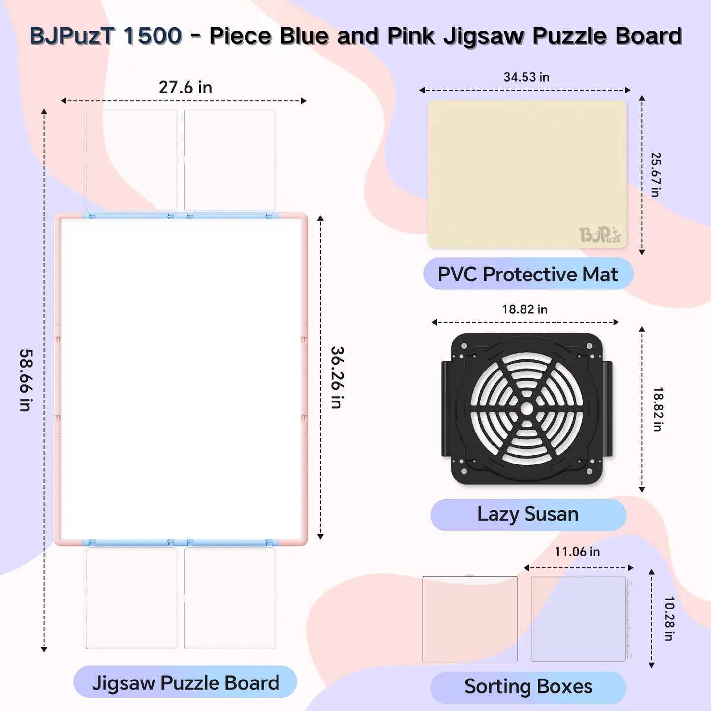 Diagram showing the dimensions of the pink and blue 1500 piece puzzle board, the revolving lazy susan base, sorting boxes, and PVC protective mat.